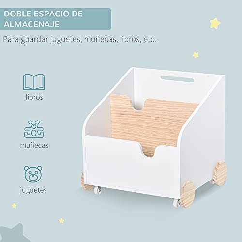 HOMCOM Caja de Almacenamiento de Juguetes de 2 Secciones con Ruedas Asa Carrito de Madera Infantil para Habitación de Niños 40x43x43 cm Blanco y Madera Natural