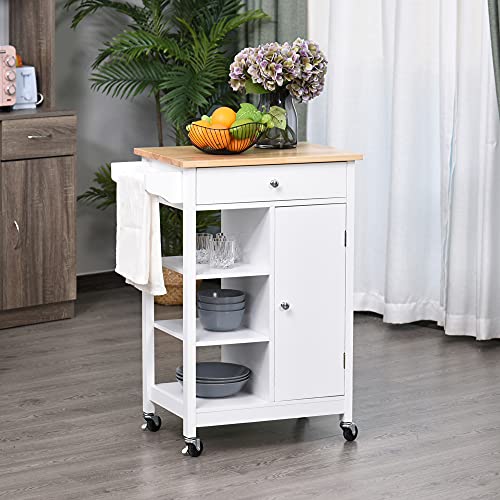 HOMCOM Carrito de Cocina Carro de Servicio Multifuncional con 1 Cajón 1 Armario 3 Estantes Abiertos para Almacenamiento 66x39,5x86,5 cm Blanco