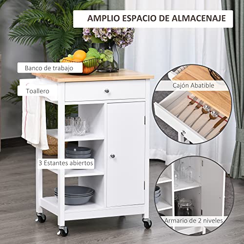 HOMCOM Carrito de Cocina Carro de Servicio Multifuncional con 1 Cajón 1 Armario 3 Estantes Abiertos para Almacenamiento 66x39,5x86,5 cm Blanco