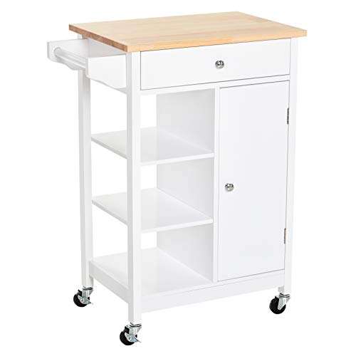 HOMCOM Carrito de Cocina Carro de Servicio Multifuncional con 1 Cajón 1 Armario 3 Estantes Abiertos para Almacenamiento 66x39,5x86,5 cm Blanco