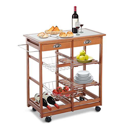 HOMCOM Carrito para Cocina Multifuncional Carrito Auxiliar de Madera con Gran Espacio de Almacenaje Cajones Cestas Estantes 4 Ruedas Freno