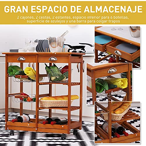 HOMCOM Carrito para Cocina Multifuncional Carrito Auxiliar de Madera con Gran Espacio de Almacenaje Cajones Cestas Estantes 4 Ruedas Freno