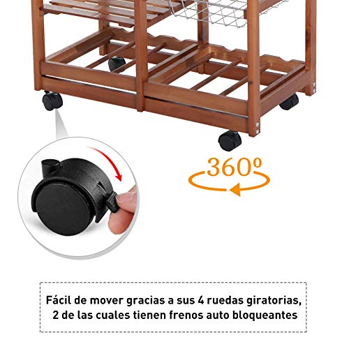 HOMCOM Carrito para Cocina Multifuncional Carrito Auxiliar de Madera con Gran Espacio de Almacenaje Cajones Cestas Estantes 4 Ruedas Freno