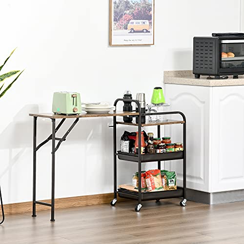 HOMCOM Carro de Cocina con Ruedas Carrito Auxiliar con Estantes de 3 Niveles Hoja Abatible y 2 Portavasos Multiusos para Comedor 118x36,5x82 cm Marrón Rústico