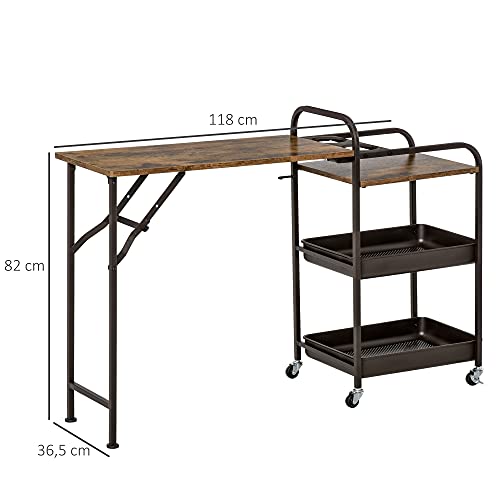 HOMCOM Carro de Cocina con Ruedas Carrito Auxiliar con Estantes de 3 Niveles Hoja Abatible y 2 Portavasos Multiusos para Comedor 118x36,5x82 cm Marrón Rústico