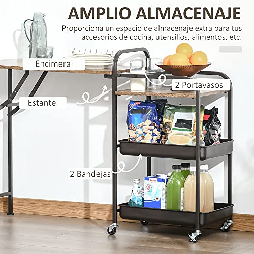 HOMCOM Carro de Cocina con Ruedas Carrito Auxiliar con Estantes de 3 Niveles Hoja Abatible y 2 Portavasos Multiusos para Comedor 118x36,5x82 cm Marrón Rústico