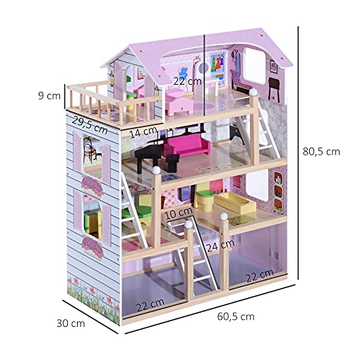 HOMCOM Casa de Muñecas con Muebles Mobiliario Casita Muñeca Jueguetes Madera con 13 Accesorios incluidos y 4 Niveles Color Rosa