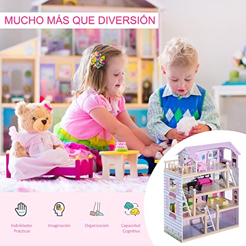 HOMCOM Casa de Muñecas con Muebles Mobiliario Casita Muñeca Jueguetes Madera con 13 Accesorios incluidos y 4 Niveles Color Rosa