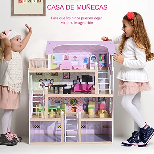 HOMCOM Casa de Muñecas con Muebles Mobiliario Casita Muñeca Jueguetes Madera con 13 Accesorios incluidos y 4 Niveles Color Rosa