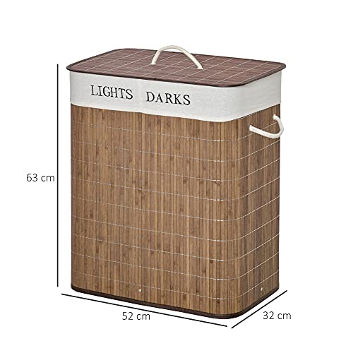 HOMCOM Cesto para Ropa Sucia de Bambú Capacidad de 100L Cesta para la Colada Rectangular con Tapa Extraíble Bolsa de 2 Compartimentos 52x32x63 cm Marrón