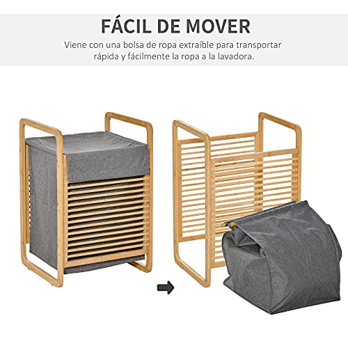 HOMCOM Cesto para Ropa Sucia de Bambú Cesto Rectangular de Ropa Portátil con Tapa y Bolsa Extraíble Mueble de Baño Dormitorio 40x35,5x60,5 cm Color Natural y Gris