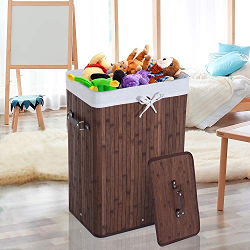 HOMCOM Cesto para Ropa Sucia Plegable con Tapa Cubo para Colada Cesta de Lavandería Rectangular Bambú 70L con Asas 40x30x60cm