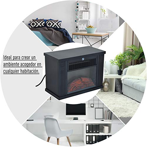 HOMCOM Chimenea Eléctrica Portátil Mini Estufa Calefactor Termostato Ajustable 600/1200W Llama Decorativa 34x17x25cm