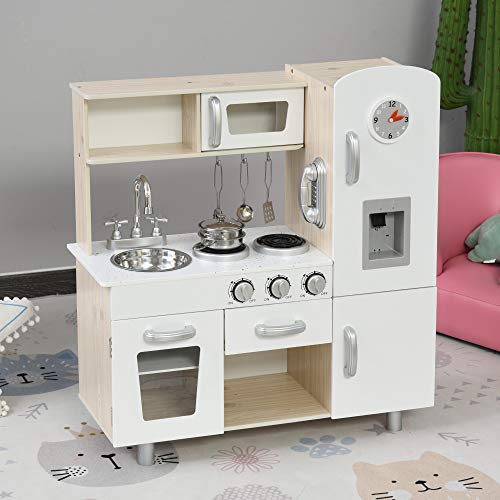 HOMCOM Cocina de Juguete con Fregadero Cocina de Inducción y Microondas Simulados con Accesorios Incluidos Cocina Infantil para +3 Años 74x30x81 cm Blanco