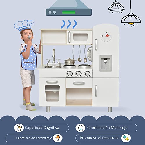 HOMCOM Cocina de Juguete con Fregadero Cocina de Inducción y Microondas Simulados con Accesorios Incluidos Cocina Infantil para +3 Años 74x30x81 cm Blanco