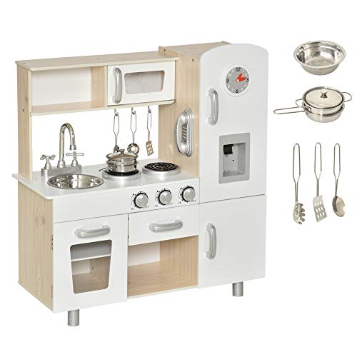 HOMCOM Cocina de Juguete con Fregadero Cocina de Inducción y Microondas Simulados con Accesorios Incluidos Cocina Infantil para +3 Años 74x30x81 cm Blanco