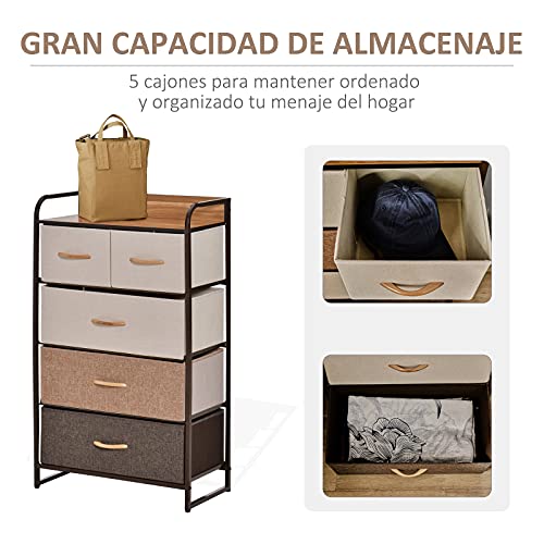 HOMCOM Cómoda de Tela con 5 Cajones Extraíbles y Plegables Base Elevada Mueble de Almacenamiento para el Dormitorio Salón 58x29x99 cm Multicolor