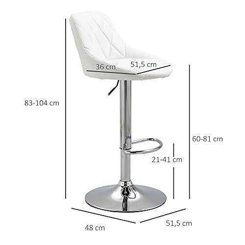 HOMCOM Conjunto de 2 Taburetes de Bar Giratorios con Altura Regulable Sillas Altas Modernas de Comedor con Base Redonda y Reposapiés 51,5x48x83-104 cm Blanco