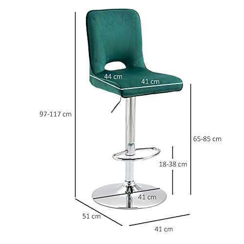 HOMCOM Conjunto de 2 Taburetes de Bar Sillas Altas Modernas con Altura Regulable y Asiento Giratoria con Marco de Metal y Reposapiés 41x51x97-117 cm Verde