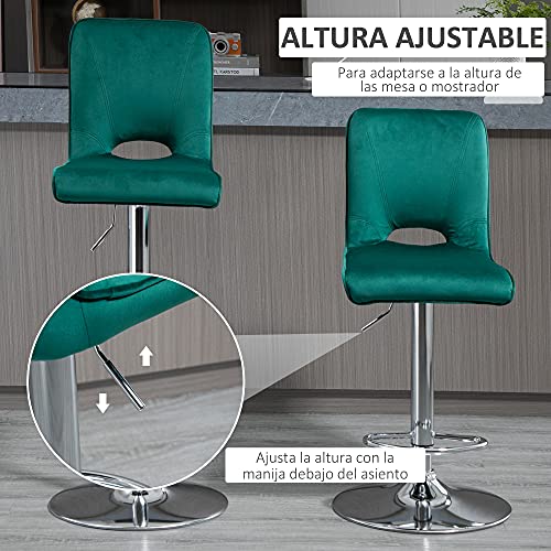 HOMCOM Conjunto de 2 Taburetes de Bar Sillas Altas Modernas con Altura Regulable y Asiento Giratoria con Marco de Metal y Reposapiés 41x51x97-117 cm Verde