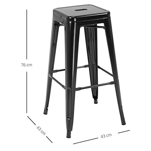 HOMCOM Conjunto de 4 Taburetes de Bar Estilo Industrial Apilables y con Reposapiés Aptos para Interiores y Exteriores 43x43x76 cm Carga hasta 120kg Negro