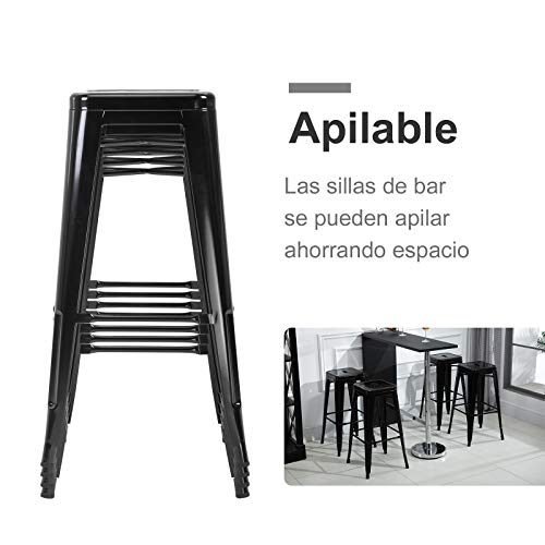 HOMCOM Conjunto de 4 Taburetes de Bar Estilo Industrial Apilables y con Reposapiés Aptos para Interiores y Exteriores 43x43x76 cm Carga hasta 120kg Negro