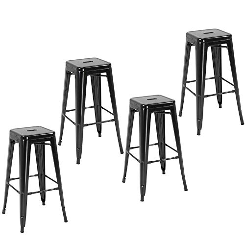 HOMCOM Conjunto de 4 Taburetes de Bar Estilo Industrial Apilables y con Reposapiés Aptos para Interiores y Exteriores 43x43x76 cm Carga hasta 120kg Negro