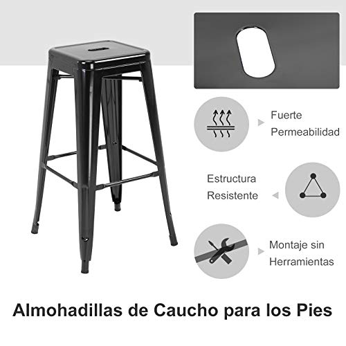 HOMCOM Conjunto de 4 Taburetes de Bar Estilo Industrial Apilables y con Reposapiés Aptos para Interiores y Exteriores 43x43x76 cm Carga hasta 120kg Negro