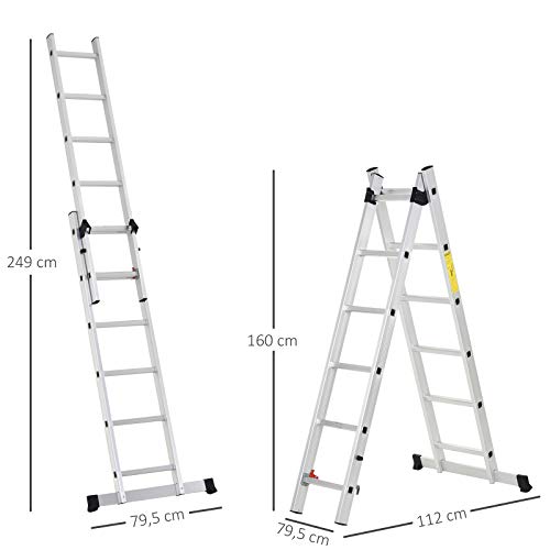 HOMCOM Escalera Aluminio con Estructura Triangular de Tijera Plegable Portátil 2 Formas de Uso Pie Antideslizante Articulación Rail Máx. 150kg Altura 160-249cm Plata