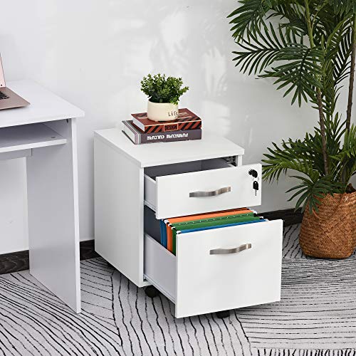 HOMCOM Gabinete de Archivos Móvil con 2 Cajones Armario para Oficina Estudio Ruedas con Frenos Llave Riel Colgante Diseño Moderno 40x45,5x52,5 cm Blanco