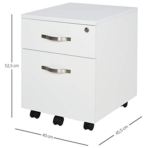 HOMCOM Gabinete de Archivos Móvil con 2 Cajones Armario para Oficina Estudio Ruedas con Frenos Llave Riel Colgante Diseño Moderno 40x45,5x52,5 cm Blanco