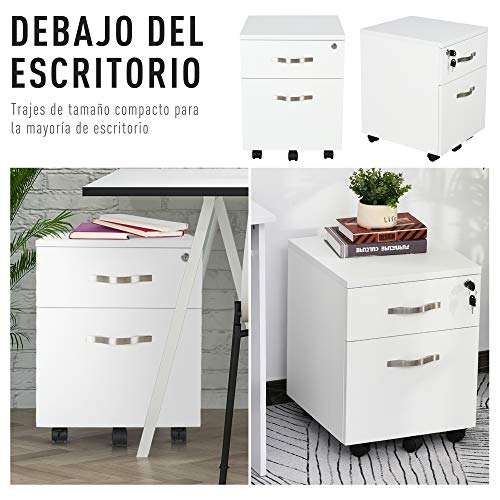 HOMCOM Gabinete de Archivos Móvil con 2 Cajones Armario para Oficina Estudio Ruedas con Frenos Llave Riel Colgante Diseño Moderno 40x45,5x52,5 cm Blanco