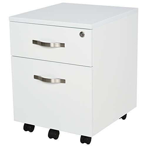 HOMCOM Gabinete de Archivos Móvil con 2 Cajones Armario para Oficina Estudio Ruedas con Frenos Llave Riel Colgante Diseño Moderno 40x45,5x52,5 cm Blanco