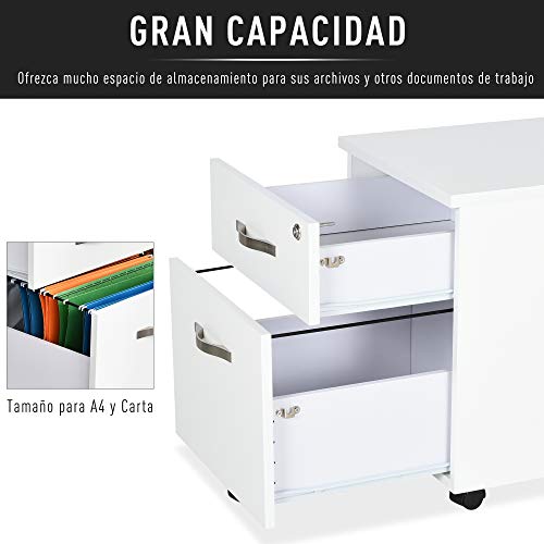 HOMCOM Gabinete de Archivos Móvil con 2 Cajones Armario para Oficina Estudio Ruedas con Frenos Llave Riel Colgante Diseño Moderno 40x45,5x52,5 cm Blanco