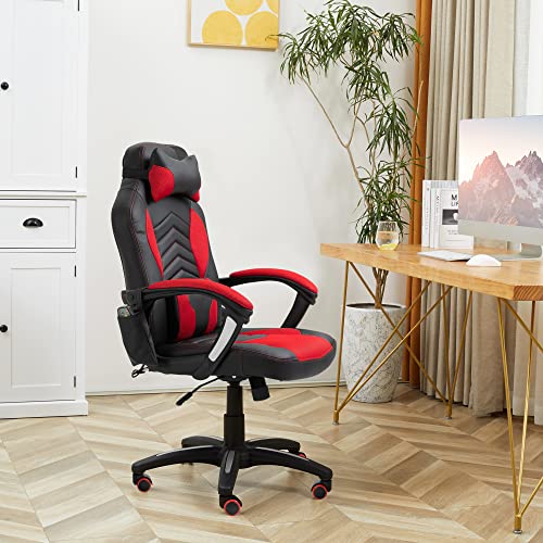 HOMCOM Gaming Silla de Oficina y Giratoria con 6 Puntos de Masaje y Calefacción Tipo Sillón de Escritorio Silla Gamer para PC 68x69x108-117cm (Negro y Rojo)