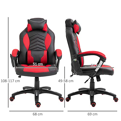 HOMCOM Gaming Silla de Oficina y Giratoria con 6 Puntos de Masaje y Calefacción Tipo Sillón de Escritorio Silla Gamer para PC 68x69x108-117cm (Negro y Rojo)