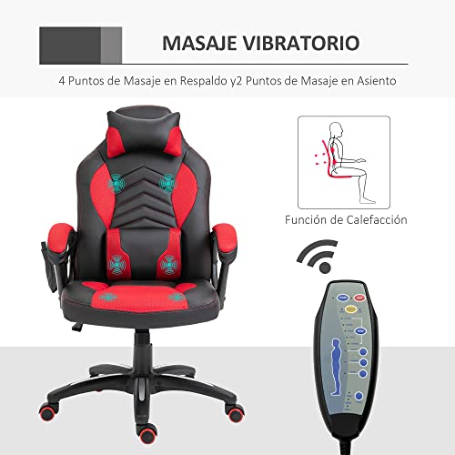 HOMCOM Gaming Silla de Oficina y Giratoria con 6 Puntos de Masaje y Calefacción Tipo Sillón de Escritorio Silla Gamer para PC 68x69x108-117cm (Negro y Rojo)