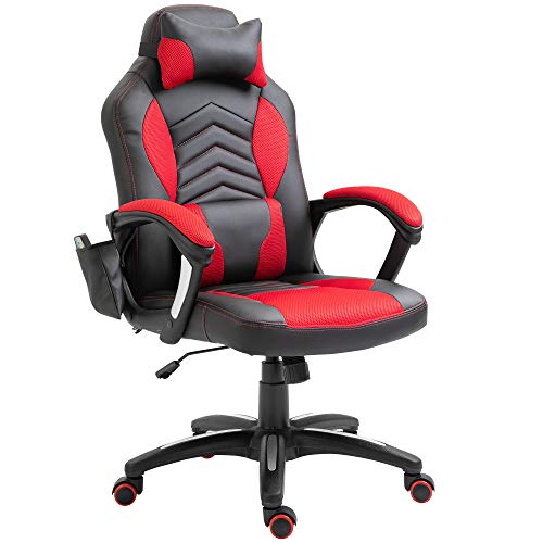 HOMCOM Gaming Silla de Oficina y Giratoria con 6 Puntos de Masaje y Calefacción Tipo Sillón de Escritorio Silla Gamer para PC 68x69x108-117cm (Negro y Rojo)