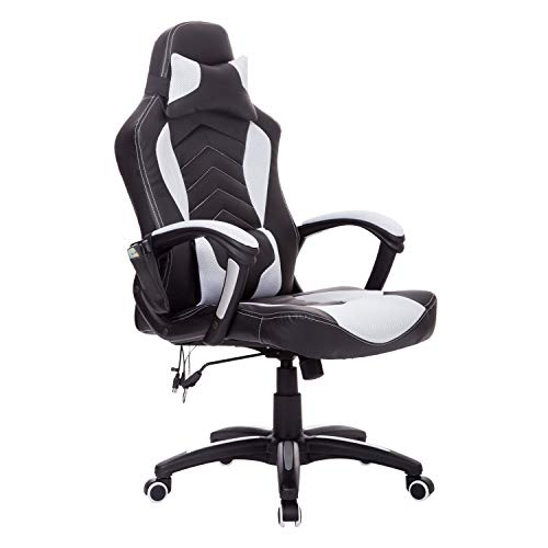 HOMCOM Gaming Silla de Oficina y Giratoria con 6 Puntos de Masaje y Calefacción Tipo Sillón de Escritorio Silla Gamer para PC 68x69x108-117cm (Negro y Blanco)