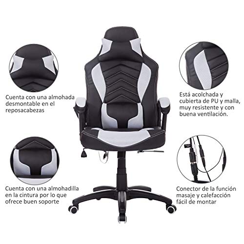 HOMCOM Gaming Silla de Oficina y Giratoria con 6 Puntos de Masaje y Calefacción Tipo Sillón de Escritorio Silla Gamer para PC 68x69x108-117cm (Negro y Blanco)