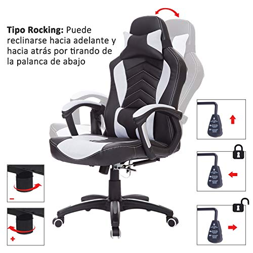 HOMCOM Gaming Silla de Oficina y Giratoria con 6 Puntos de Masaje y Calefacción Tipo Sillón de Escritorio Silla Gamer para PC 68x69x108-117cm (Negro y Blanco)