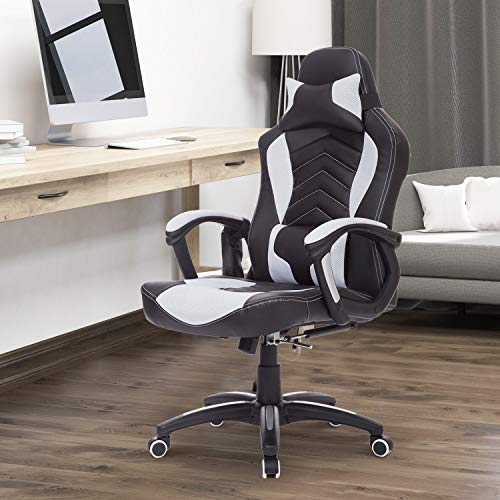 HOMCOM Gaming Silla de Oficina y Giratoria con 6 Puntos de Masaje y Calefacción Tipo Sillón de Escritorio Silla Gamer para PC 68x69x108-117cm (Negro y Blanco)