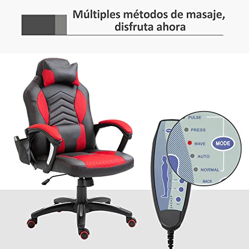 HOMCOM Gaming Silla de Oficina y Giratoria con 6 Puntos de Masaje y Calefacción Tipo Sillón de Escritorio Silla Gamer para PC 68x69x108-117cm (Negro y Rojo)