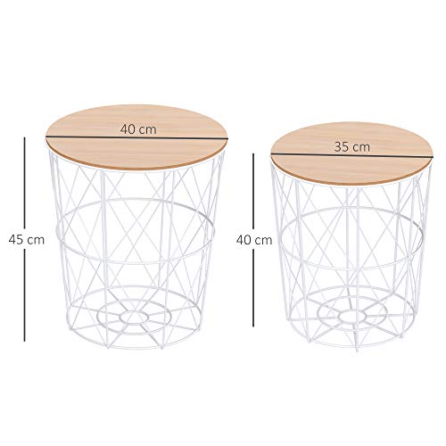 HOMCOM Juego de 2 Mesitas de Café Mesas Auxiliares de Salón Modernas con Tapa de Madera Extraíble y Estructura de Metal para Dormitorios Ø40x45 cm y Ø35x40 cm Blanco