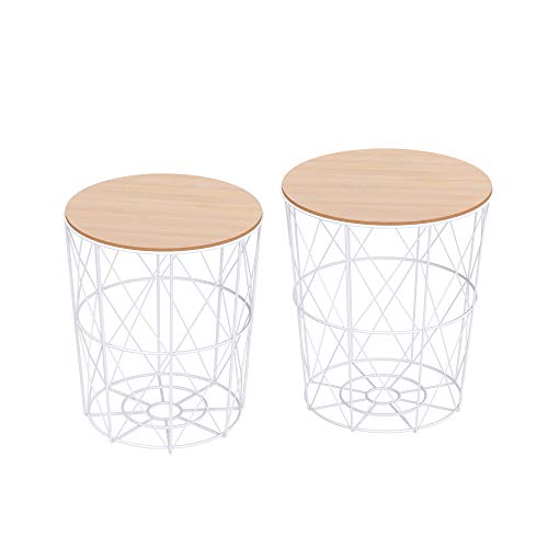 HOMCOM Juego de 2 Mesitas de Café Mesas Auxiliares de Salón Modernas con Tapa de Madera Extraíble y Estructura de Metal para Dormitorios Ø40x45 cm y Ø35x40 cm Blanco