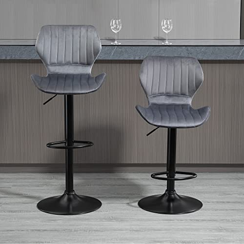 HOMCOM Juego de 2 Taburetes de Bar Regulable en Altura y Giratorio Taburetes Altos de Terciopelo con Respaldo y Estructura de Metal 47x51,5x91,5-113,5 cm Gris