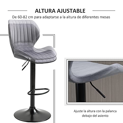 HOMCOM Juego de 2 Taburetes de Bar Regulable en Altura y Giratorio Taburetes Altos de Terciopelo con Respaldo y Estructura de Metal 47x51,5x91,5-113,5 cm Gris