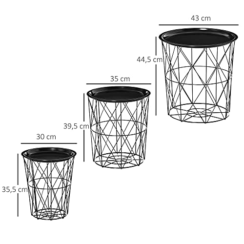 HOMCOM Juego de 3 Mesas Auxiliares Apilables Cestas de Metal con Bandeja Extraíble y Espacio de Almacenamiento Estilo Moderno para Salón Sofá Diámetro Ø43 Ø35 y Ø30 Negro