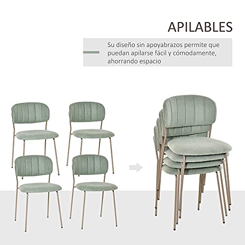 HOMCOM Juego de 4 Sillas de Comedor Apilables con Patas de Metal Estilo Moderno Nórdico para Cocina Bar Restaurante Carga Máx. 100 kg 49,5x55x81 cm Verde