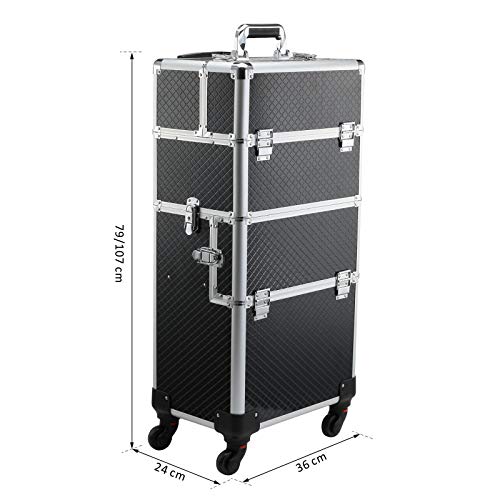 HOMCOM Maleta de Maquillaje Profesional Maletín de Comésticos Desmontable con Ruedas Universales Bandejas Desplegables con Cerradura Fácil de Transportar 36x24x79-107cm Negro